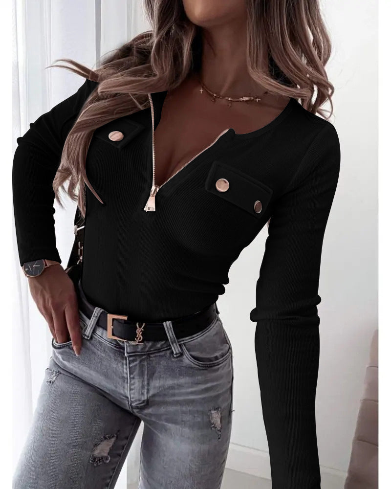 Knitted Slim-fit Long-sleeved Pullover Zipper Top