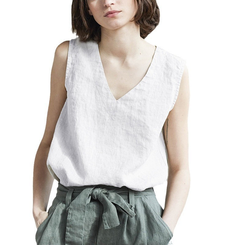 Pure Linen V-neck Sleeveless Vest Women