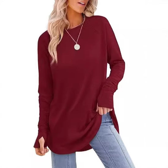 Long-sleeved Solid Color Split-finger Shirt Loose Mid-length