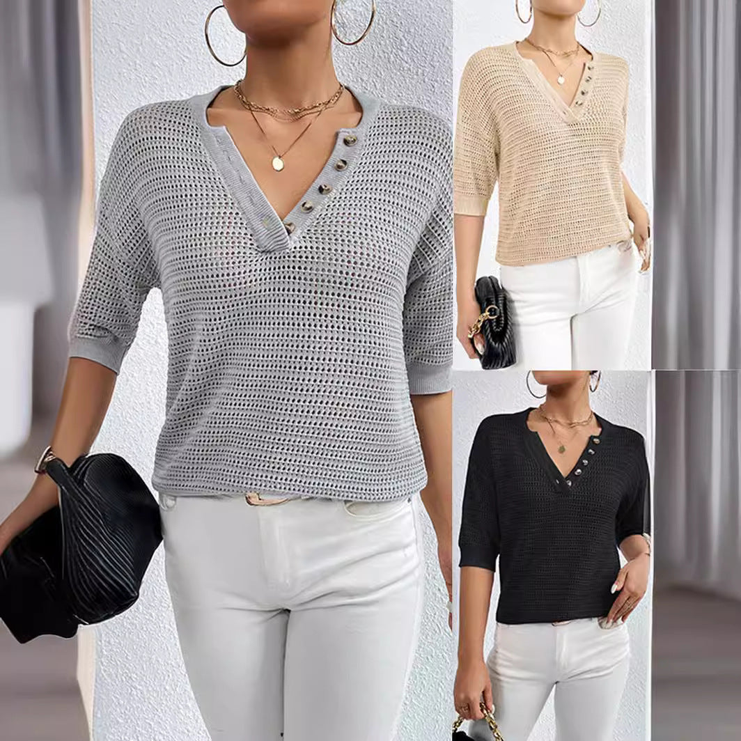 V-neck Hollow Knitwear Women's Clothing