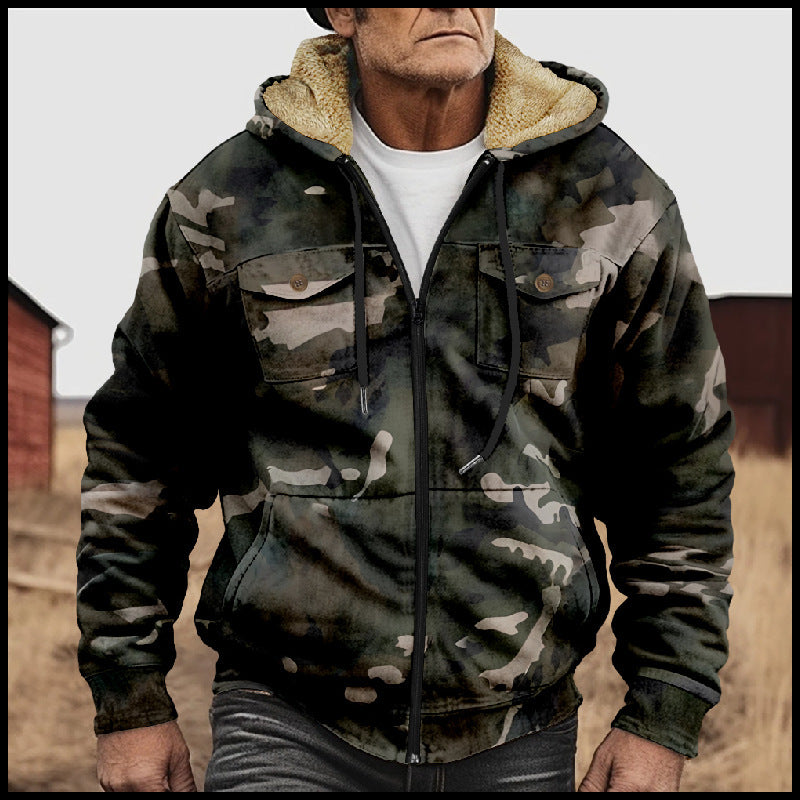 Winter Menswear Warm With Velvet Hooded Pocket Long-sleeved Cotton-padded Jacket