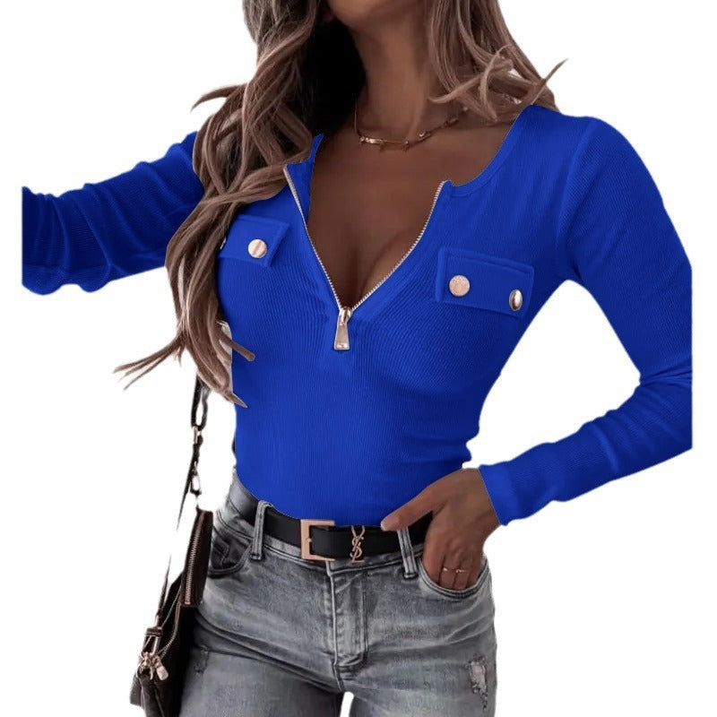 Knitted Slim-fit Long-sleeved Pullover Zipper Top