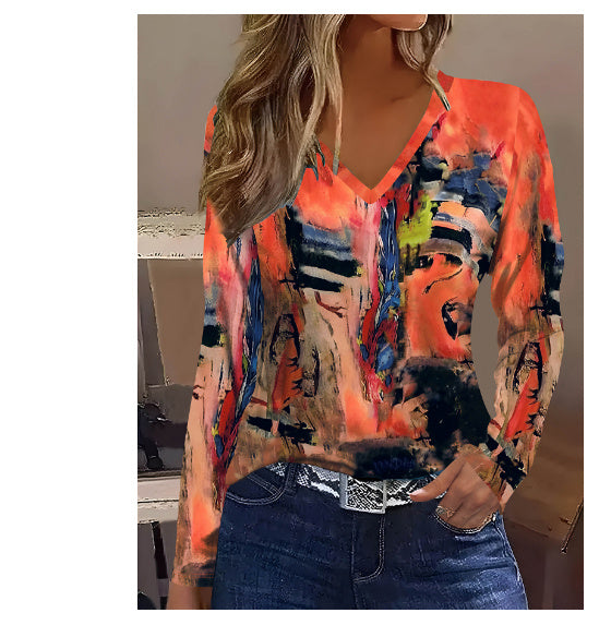 Elegant Painting V-neck Long Sleeve T-shirt (Abstract)