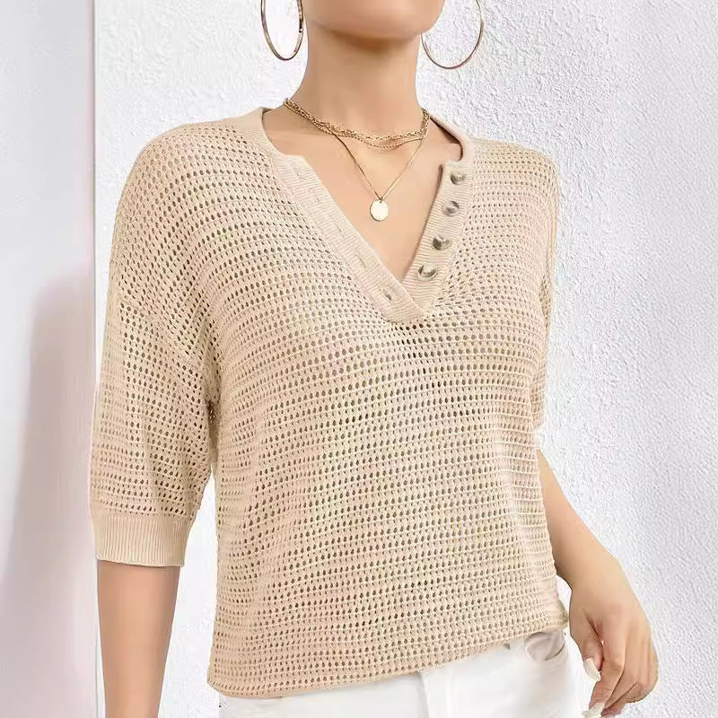 V-neck Hollow Knitwear Women's Clothing