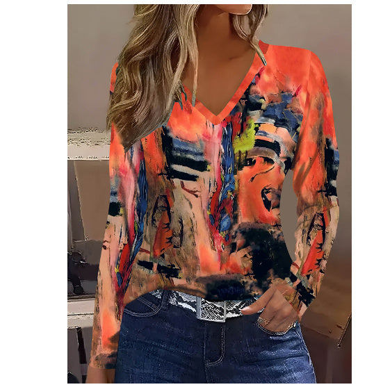 Elegant Painting V-neck Long Sleeve T-shirt (Abstract)