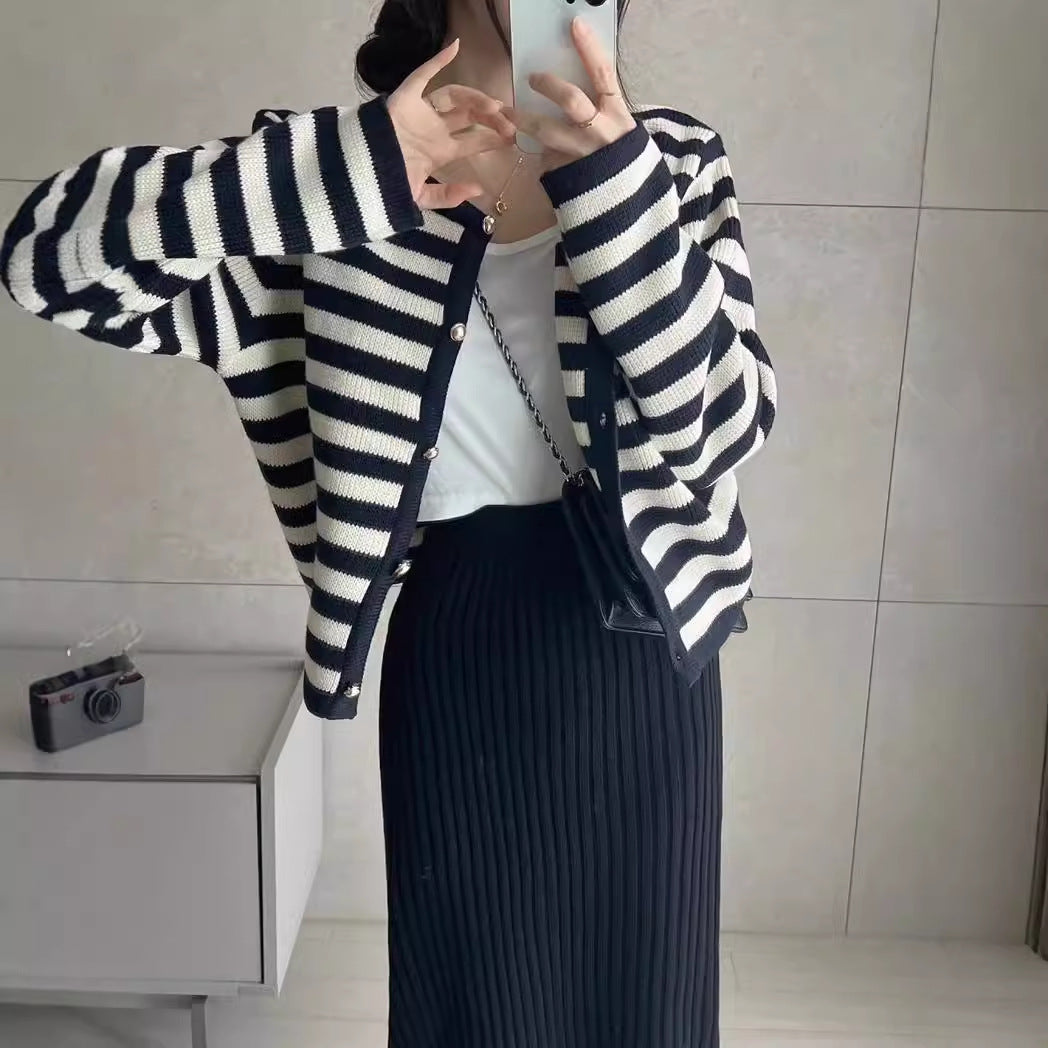 Autumn Striped Single breasted Long Sleeve Knitted Cardigan