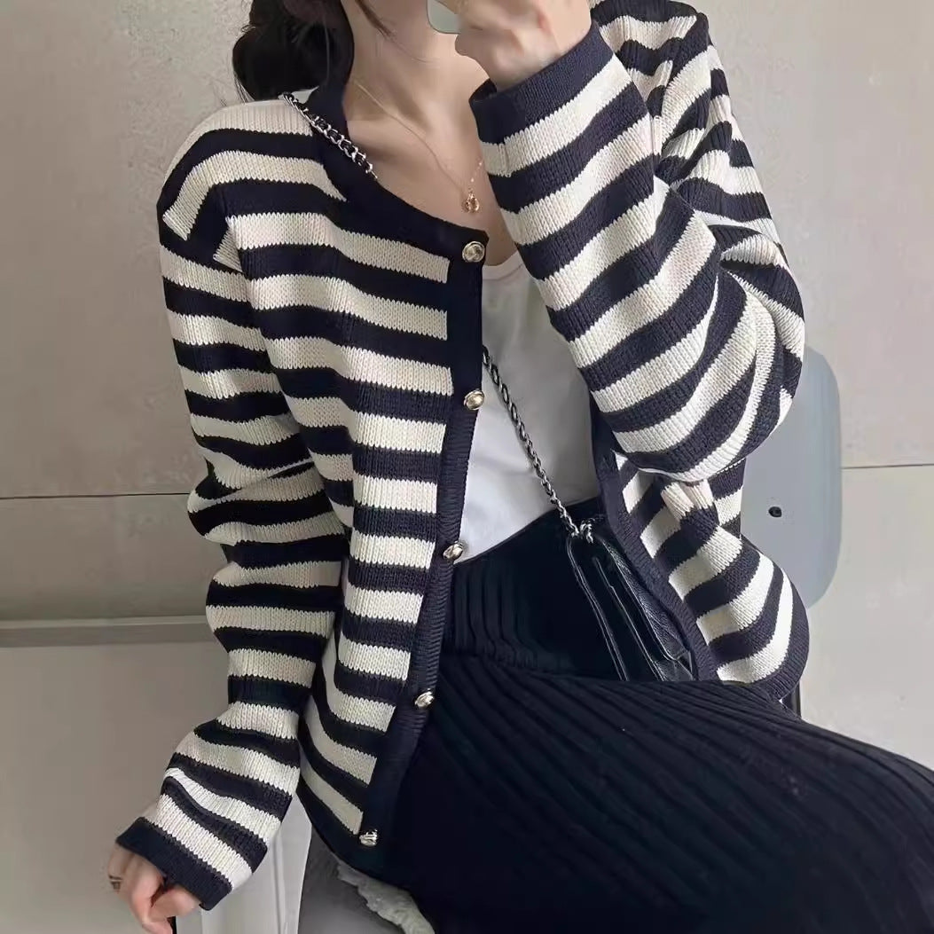 Autumn Striped Single breasted Long Sleeve Knitted Cardigan