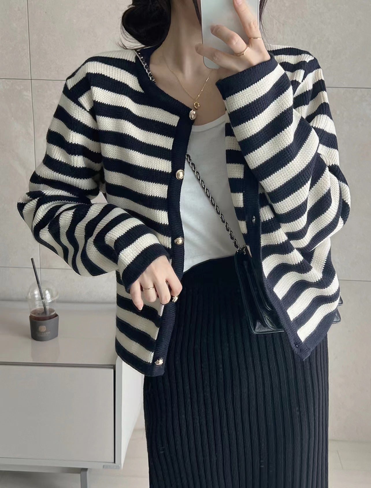 Autumn Striped Single breasted Long Sleeve Knitted Cardigan