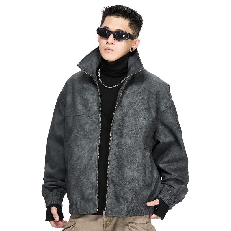 American Retro Stand Collar PU Leather Jacket Men's Autumn And Winter