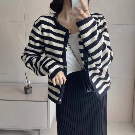 Autumn Striped Single breasted Long Sleeve Knitted Cardigan