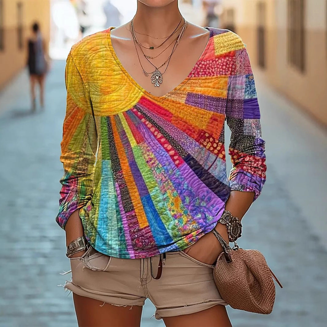 Fashionable Sun Pattern Colorful Womens Top