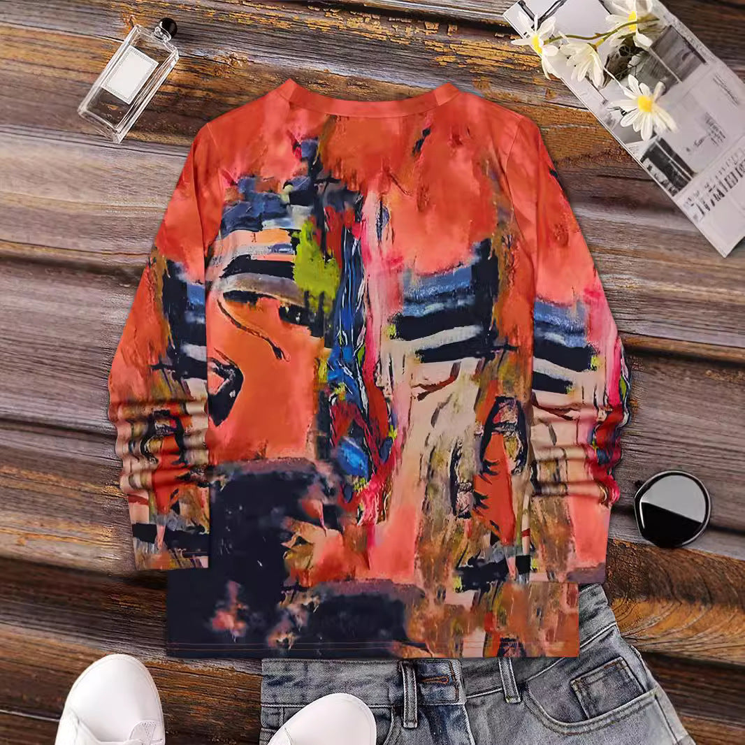 Elegant Painting V-neck Long Sleeve T-shirt (Abstract)