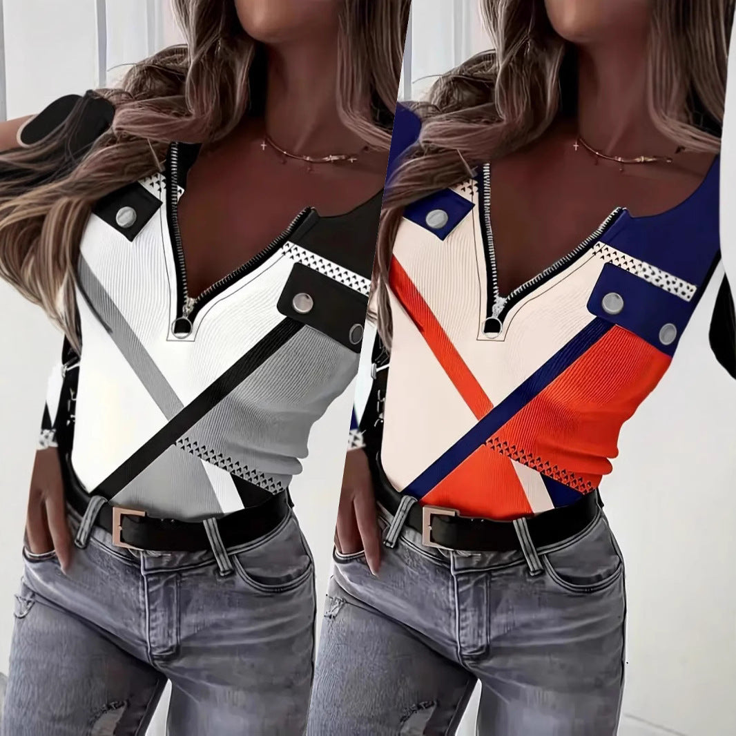 Color Printed V-collar Contrast Slim-fit Pullover Zipper Top