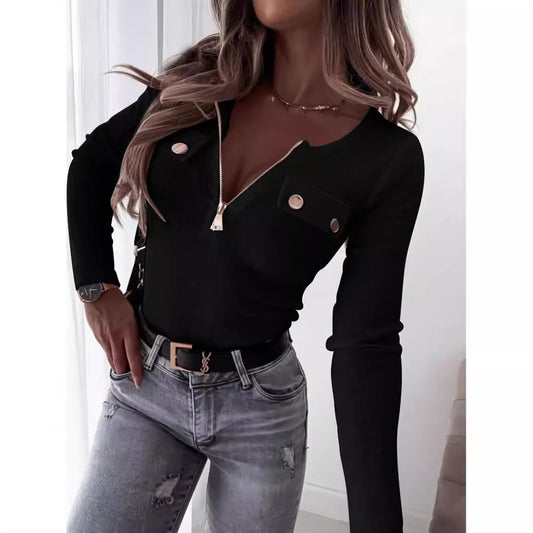 Knitted Slim-fit Long-sleeved Pullover Zipper Top