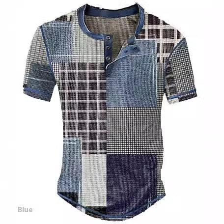 Men's Clothing Graphic Plaid Color Block Printed Men's Waffle Henley Shirt Short Sleeve