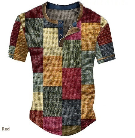 Men's Clothing Graphic Plaid Color Block Printed Men's Waffle Henley Shirt Short Sleeve