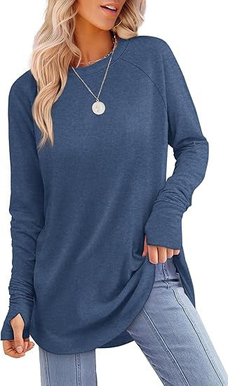 Long-sleeved Solid Color Split-finger Shirt Loose Mid-length