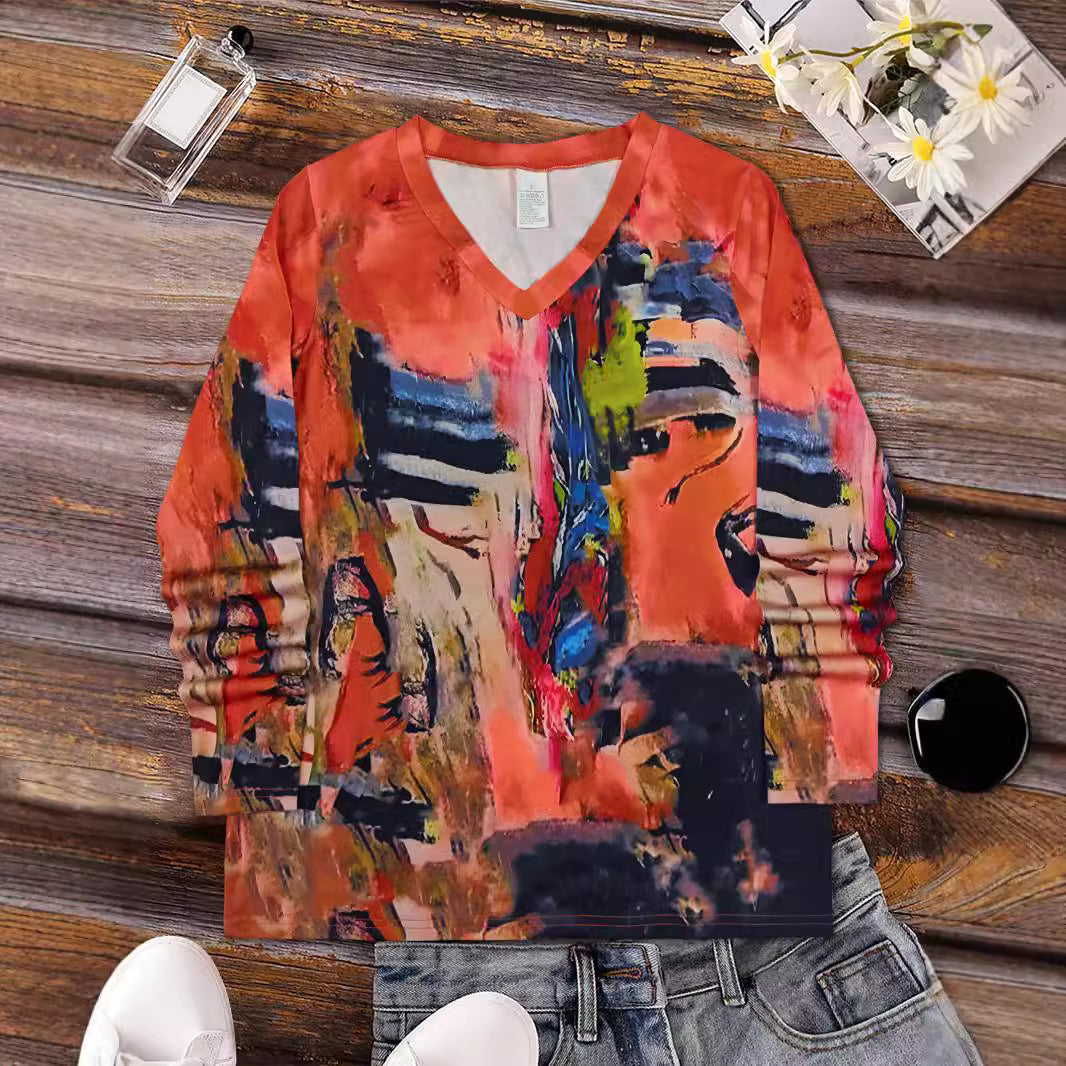 Elegant Painting V-neck Long Sleeve T-shirt (Abstract)