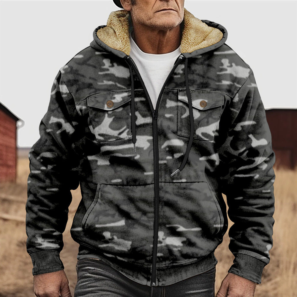 Winter Menswear Warm With Velvet Hooded Pocket Long-sleeved Cotton-padded Jacket