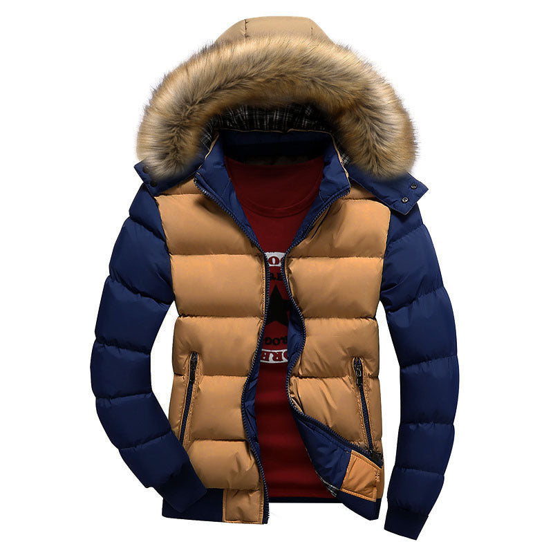 Men's Hooded Fur Collar Warm Cotton Coat